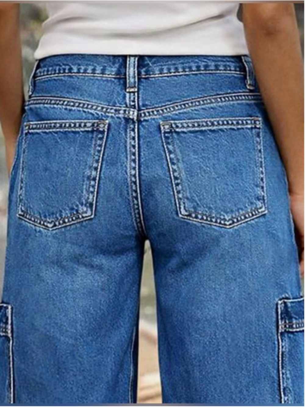 Flamingals Mid Waist Denim Bermuda Shorts Wash Pocket Side Knee Length Cargo - Picture 4 of 8